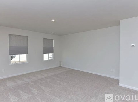 A spacious room with a carpeted floor and two windows.