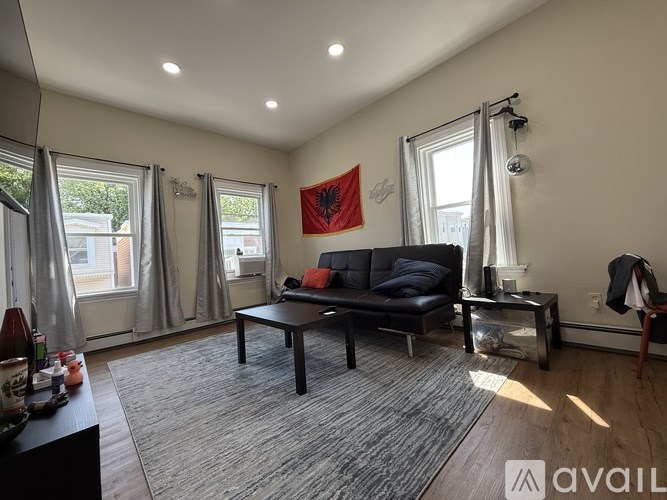 A living room with a black couch and a red Albanian flag on the wall.