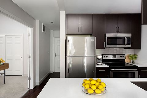 a kitchen with stainless steel appliances and a bowl of lemons