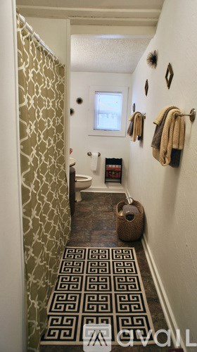 A hallway with a black and white patterned carpet.