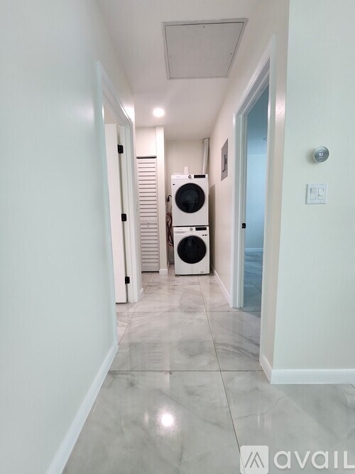 A hallway with a washing machine in the doorway.