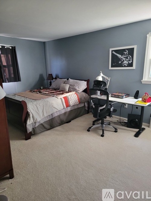 A bedroom with a bed, desk, and chair.