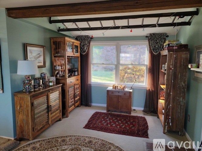 A room with a rug and a wooden cabinet.