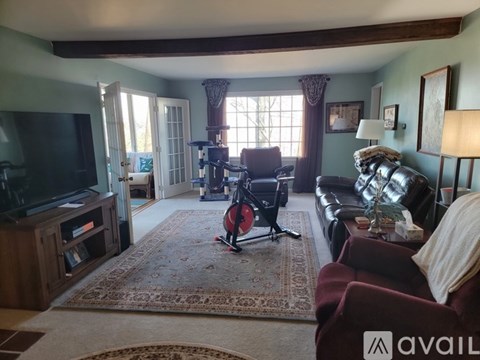 A living room with a red couch and a television.