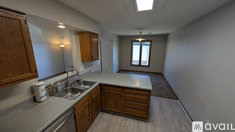 A kitchen with wooden cabinets and a window.