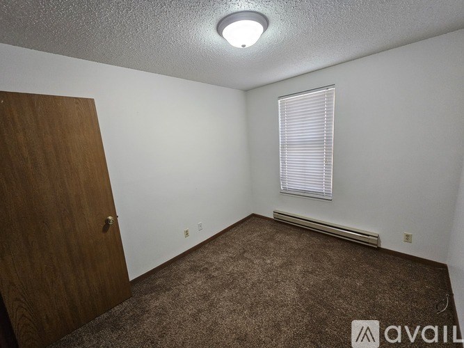 A room with a brown carpet and a wooden door.