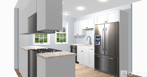 A modern kitchen with a stove top oven and a refrigerator.