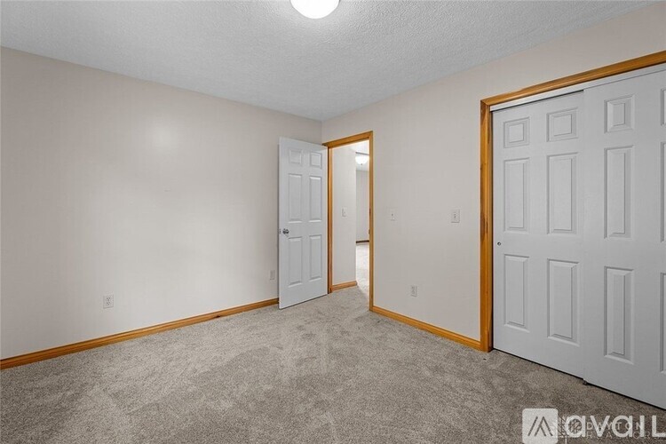 A room with a carpeted floor and two doors, one of which is open.