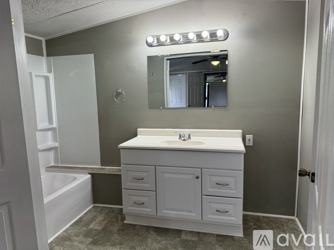 A bathroom with a white vanity and a mirror above it.