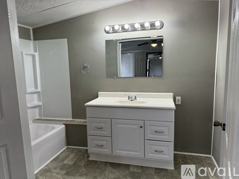 A bathroom with a white vanity and a mirror above it.