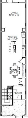 A floor plan of a living space with a kitchen and dining area.