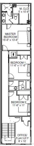 A floor plan of a house with a master bedroom, two additional bedrooms, and an office/nursery.