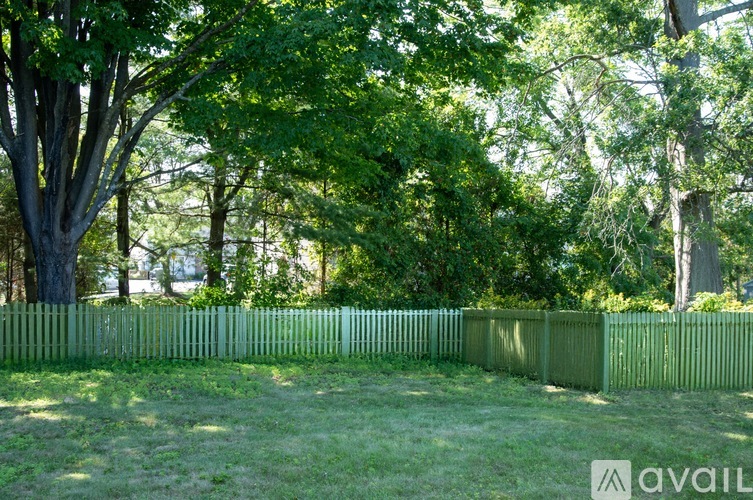 A green fenced area with trees in the background.