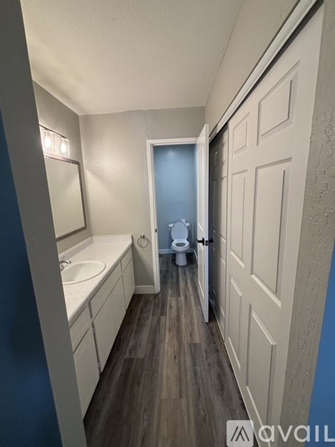 A bathroom with a white vanity, a toilet, and a walk-in shower.