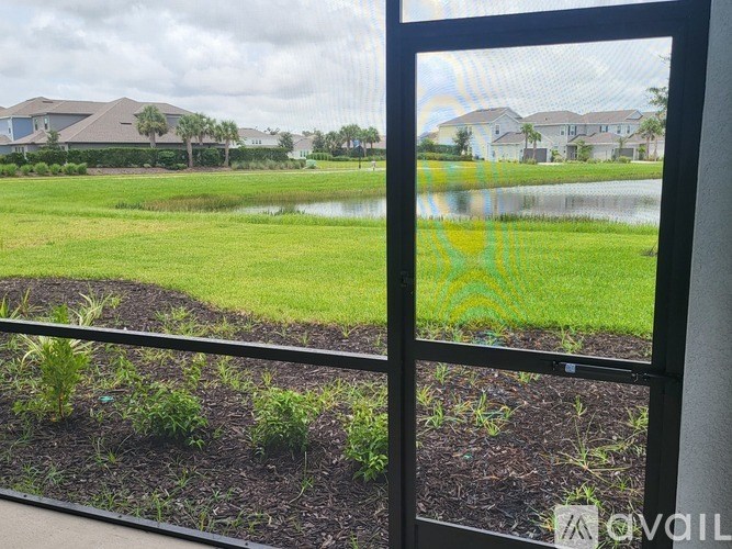 A view of a residential area through a window with a metal frame.