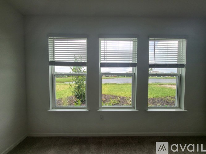 Three windows with blinds overlooking a green landscape.