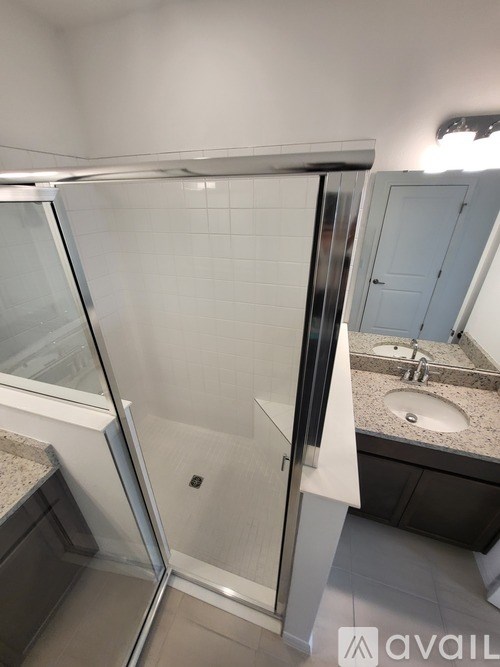 A bathroom with a walk-in shower and a sink.