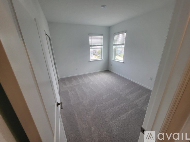 A room with a carpeted floor and two windows.
