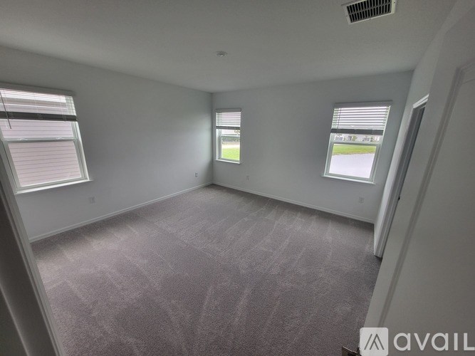 A room with carpeted floor and two windows.