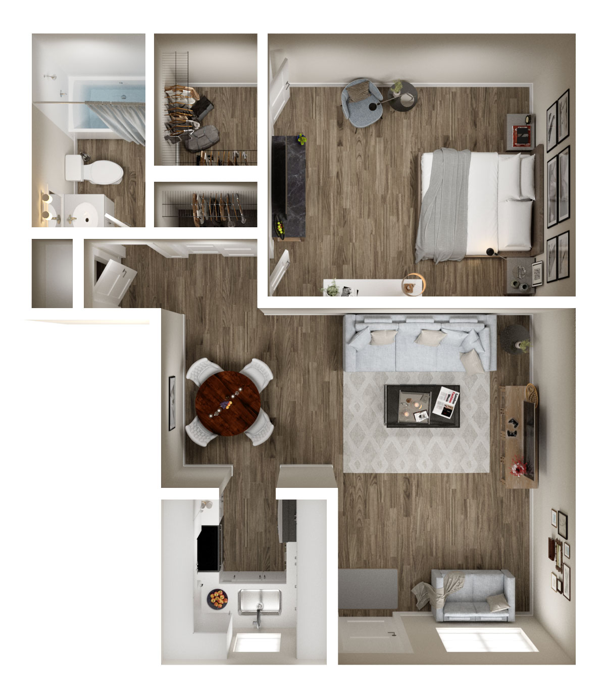 Vue on 67th 1 Bedroom Floor Plan with Vinyl Plank Flooring