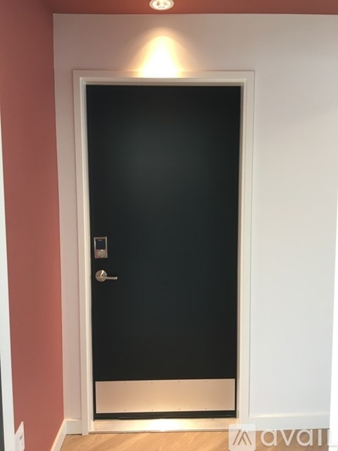 A black door with a silver handle and a silver plate on the wall.