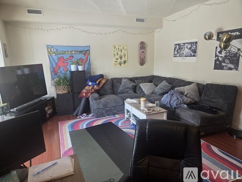 A living room with a grey couch and a television.
