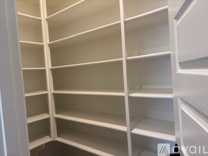 Empty white shelves in a pantry.