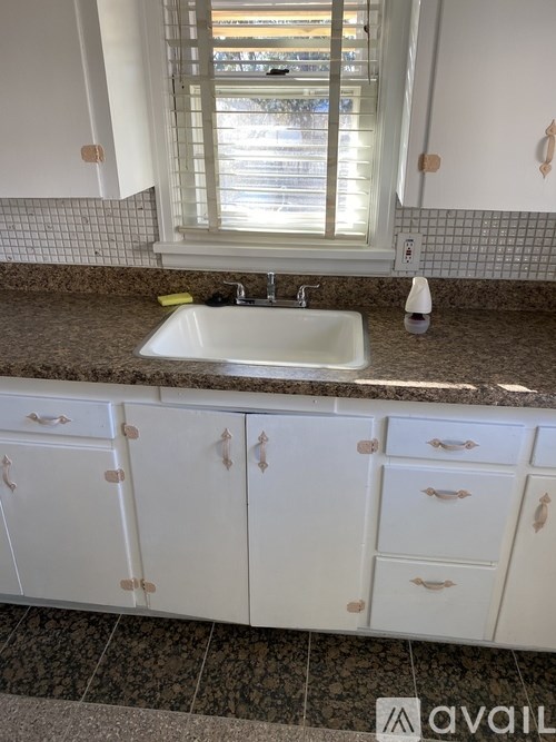 A kitchen with a sink and cabinets under a window.