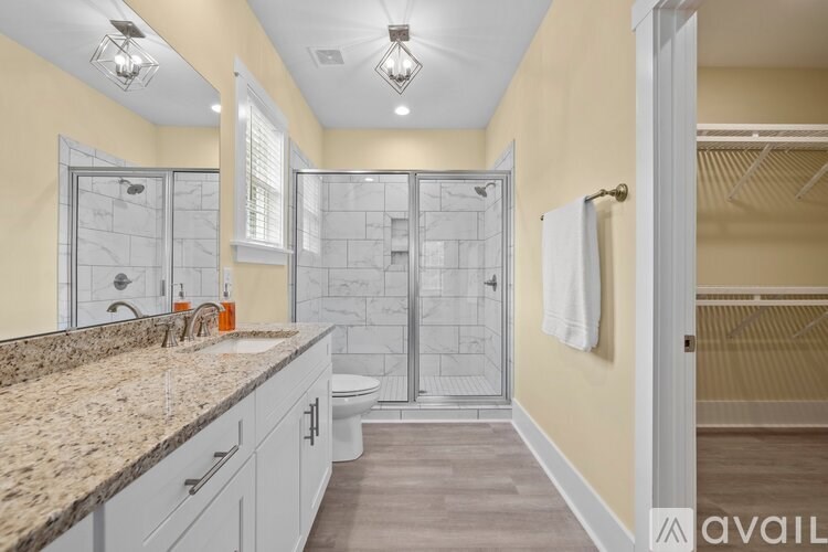 A bathroom with a walk-in shower and a toilet.