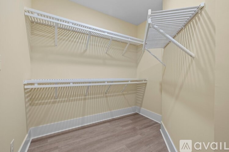 Empty walk-in closet with shelves and a wooden floor.