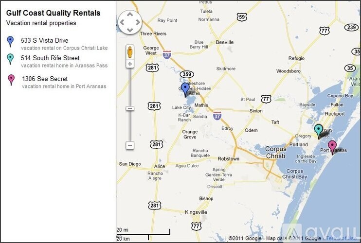 A map showing the locations of vacation rental properties by Gulf Coast Quality Rentals.