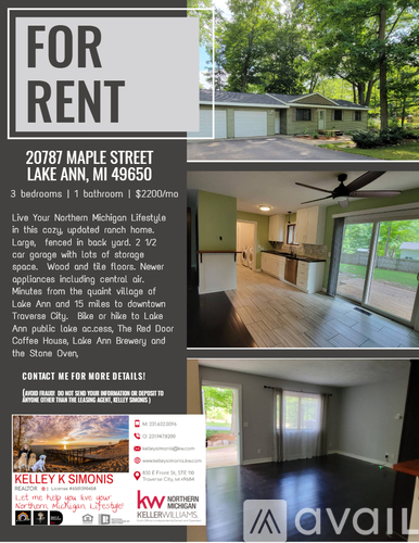A real estate advertisement for a 3 bedroom, 1 bathroom house for rent at 20787 Maple Street in Lake Ann, MI.
