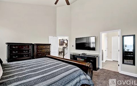 A bedroom with a bed, dresser, and television.