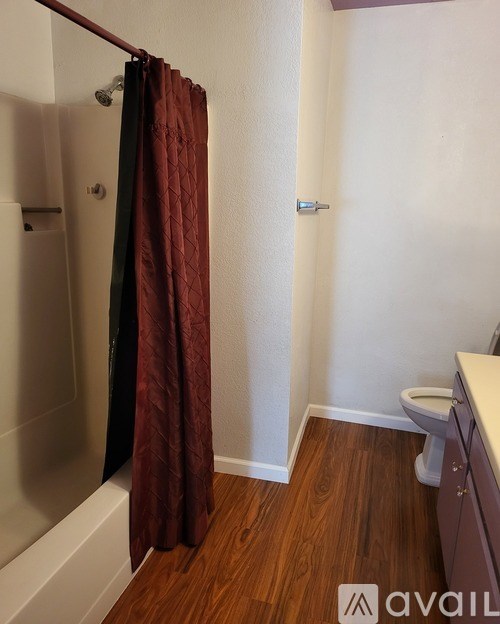 A bathroom with a wooden floor and a toilet.