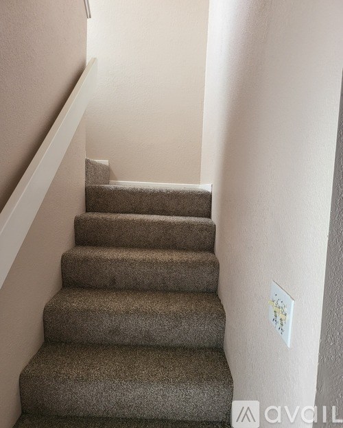 A staircase with a carpeted runner and a wall-mounted light switch.