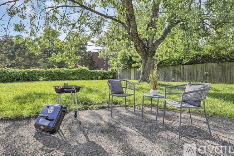 A backyard with a grill, chairs, and a tree.