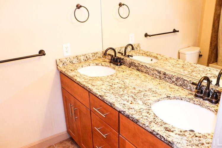 A bathroom with granite countertops and double sinks.