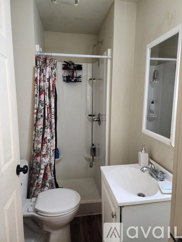 A small bathroom with a toilet, sink, and shower.