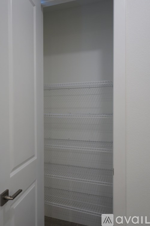 Empty white shelves in a pantry.