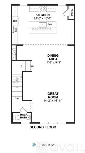 A floor plan of a second floor showing a kitchen, dining area, and a great room.