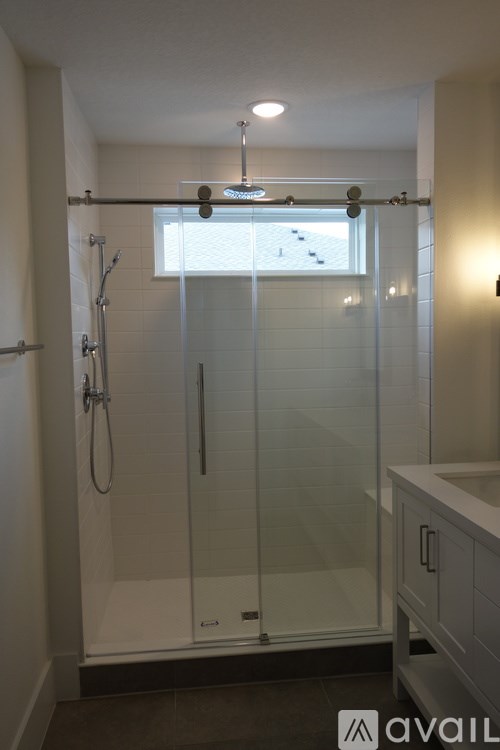 A bathroom with a walk-in shower and a window.