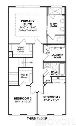 A floor plan of a three bedroom apartment with a primary suite.