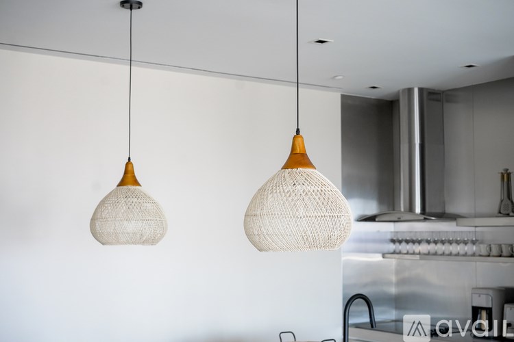 Two hanging lamps with a white background.