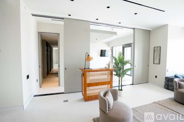 A living room with a podium and a couch.