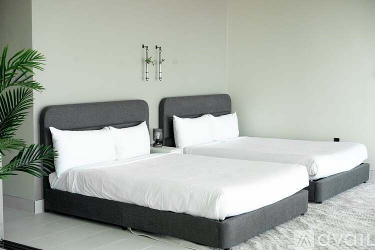 A bedroom with two beds and a plant.