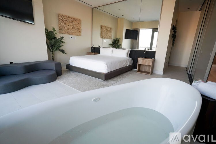 A modern bathroom with a jacuzzi tub in the foreground.