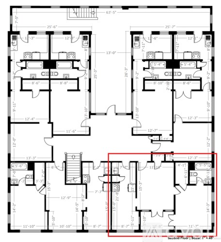 A floor plan of an apartment complex with dimensions and room layouts.