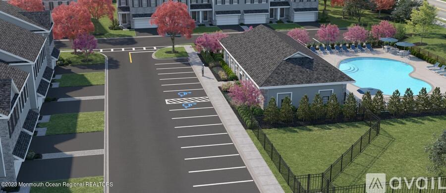 A rendering of a residential area with a pool and a street.