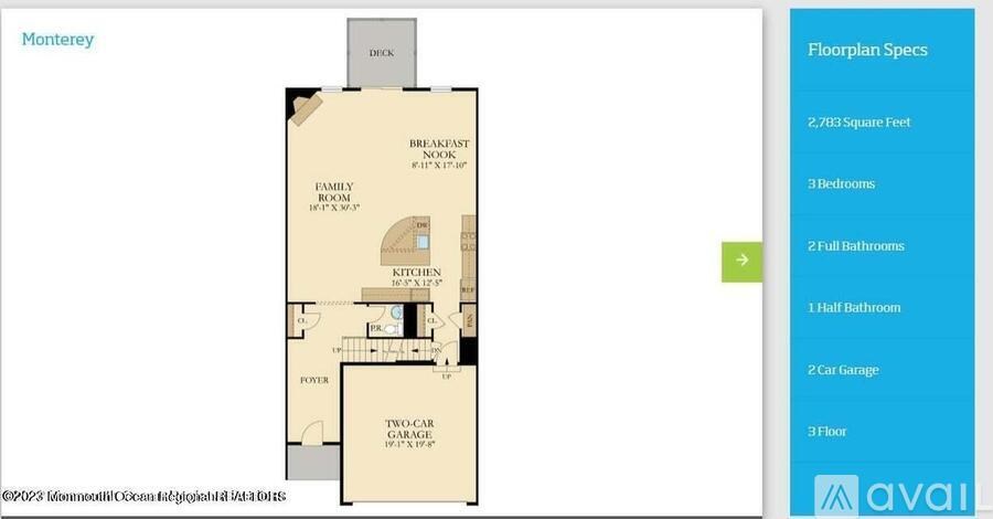 A Monterey floor plan shows a two-car garage and three bedrooms.