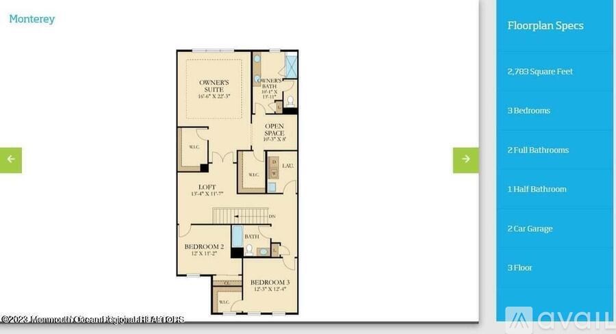 A Monterey floor plan specs page with a detailed layout of the rooms and measurements.